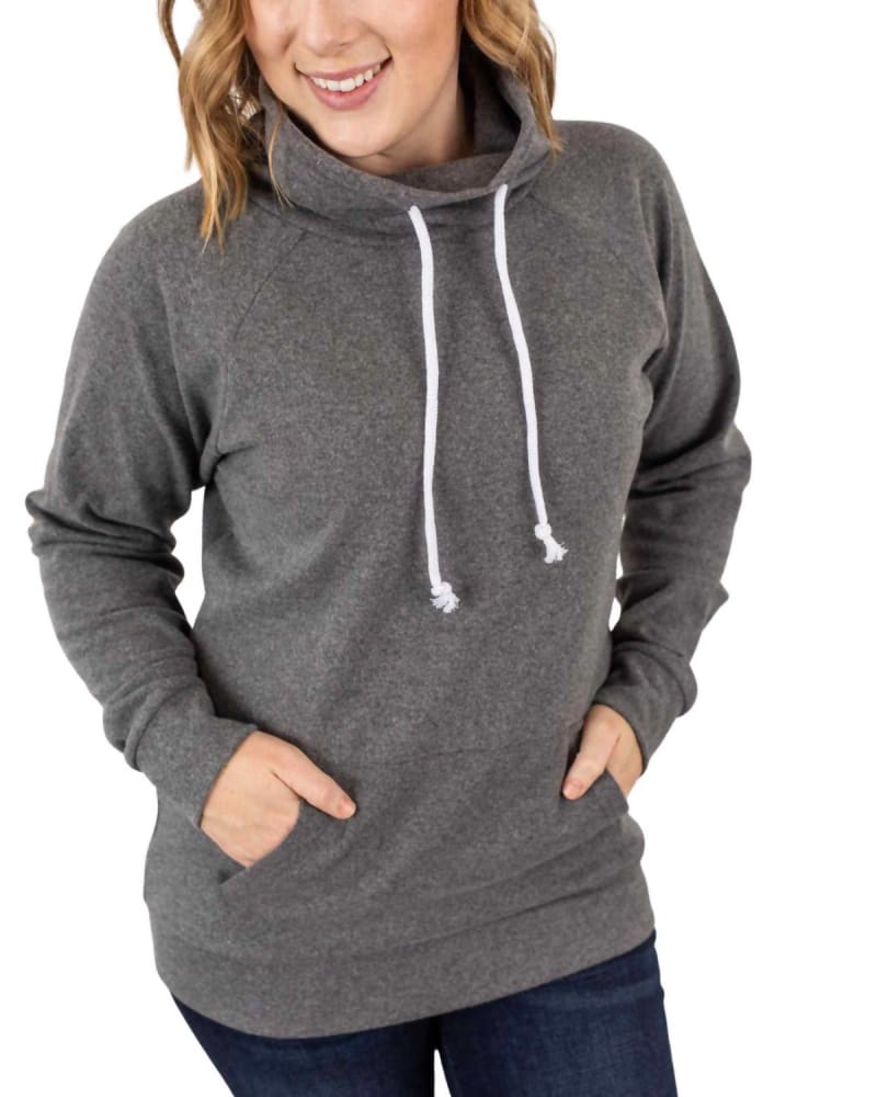Front of a model wearing a size L Classic Cowl Neck Sweatshirt in Charcoal in Charcoal by Michelle Mae. | dia_product_style_image_id:327602